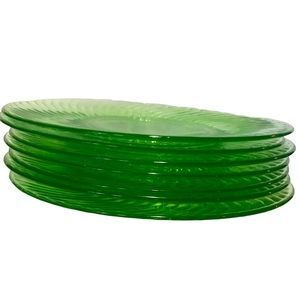 6 Green Uranium Spiral Pattern Depression Glass 8” Plates from 1920s. Exc Cond.
